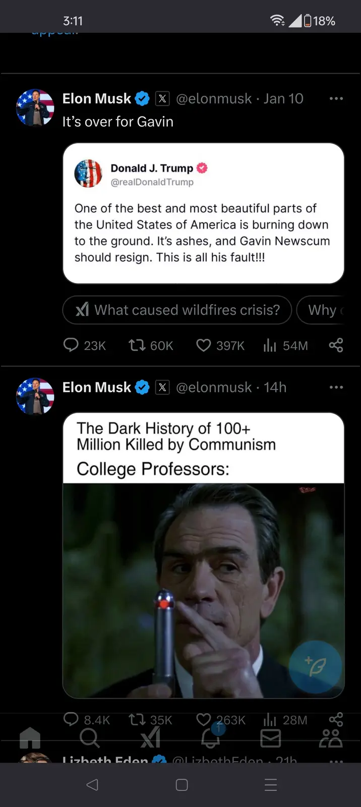 A screenshot of Elon Musk's X (Twitter) feed shows two tweets. The first is a reply to a tweet from Donald J. Trump that…