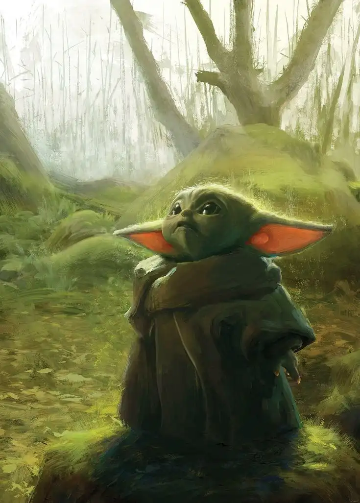 A painting of Grogu (Baby Yoda) from Star Wars, standing in a misty forest with large ears and a cloak, looking upward with…