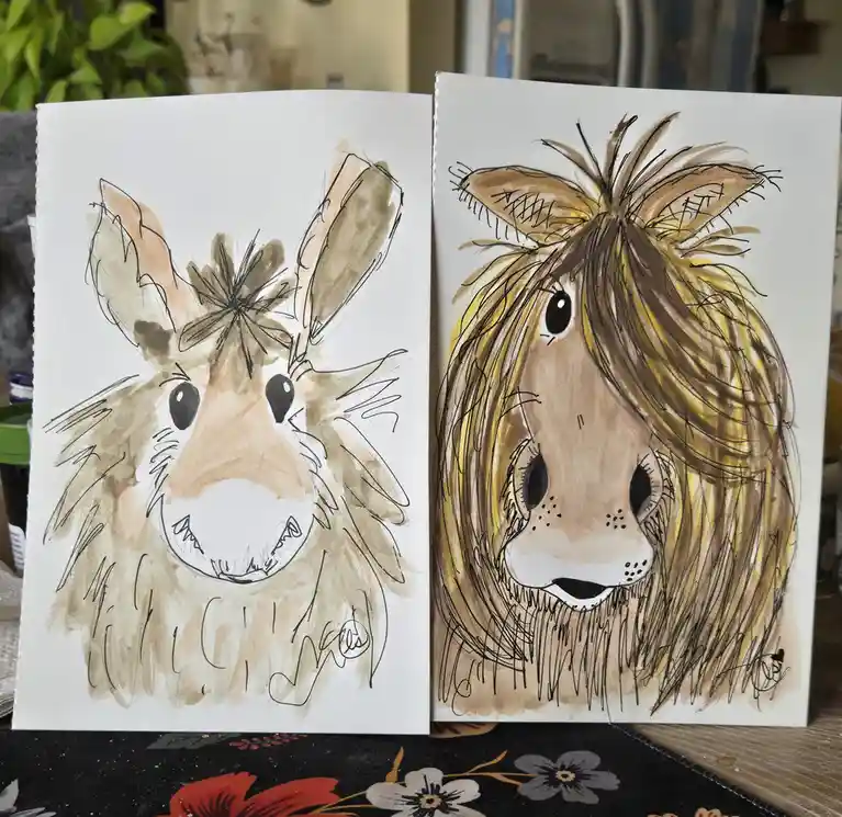 Two watercolor animal drawings side by side: a donkey on the left with a star-shaped marking on its forehead and a horse on…