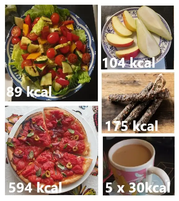 A collage of four food items: a colorful salad labeled '89 kcal', sliced fruit labeled '104 kcal', several dark energy bars…