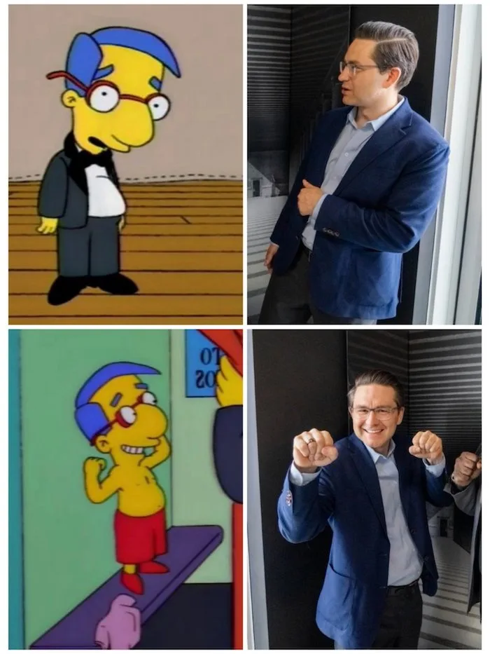 This four-panel meme juxtaposes two images of a man in a blue blazer and glasses with two scenes from The Simpsons featuring…
