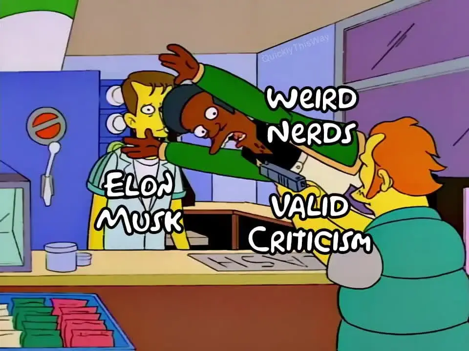 In a scene from The Simpsons, a character labeled 'ELON MUSK' is being forcefully restrained by another character labeled…