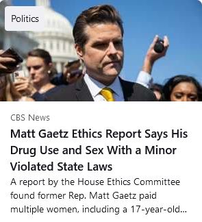 A screenshot of a CBS News article headline about former Rep. Matt Gaetz, showing him in a suit with the Capitol building…