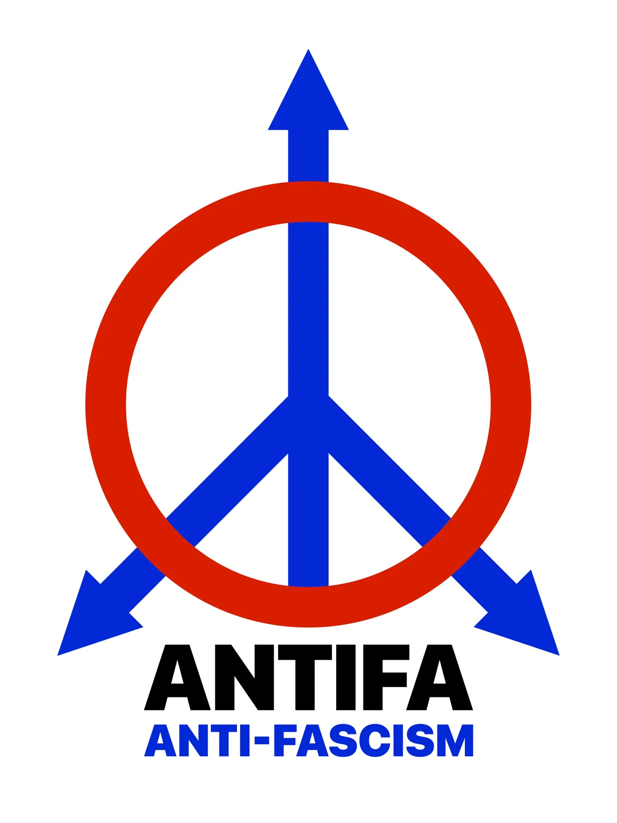The image displays a blue peace symbol with a red circle around it, overlaid with three blue arrows pointing outward. Below…