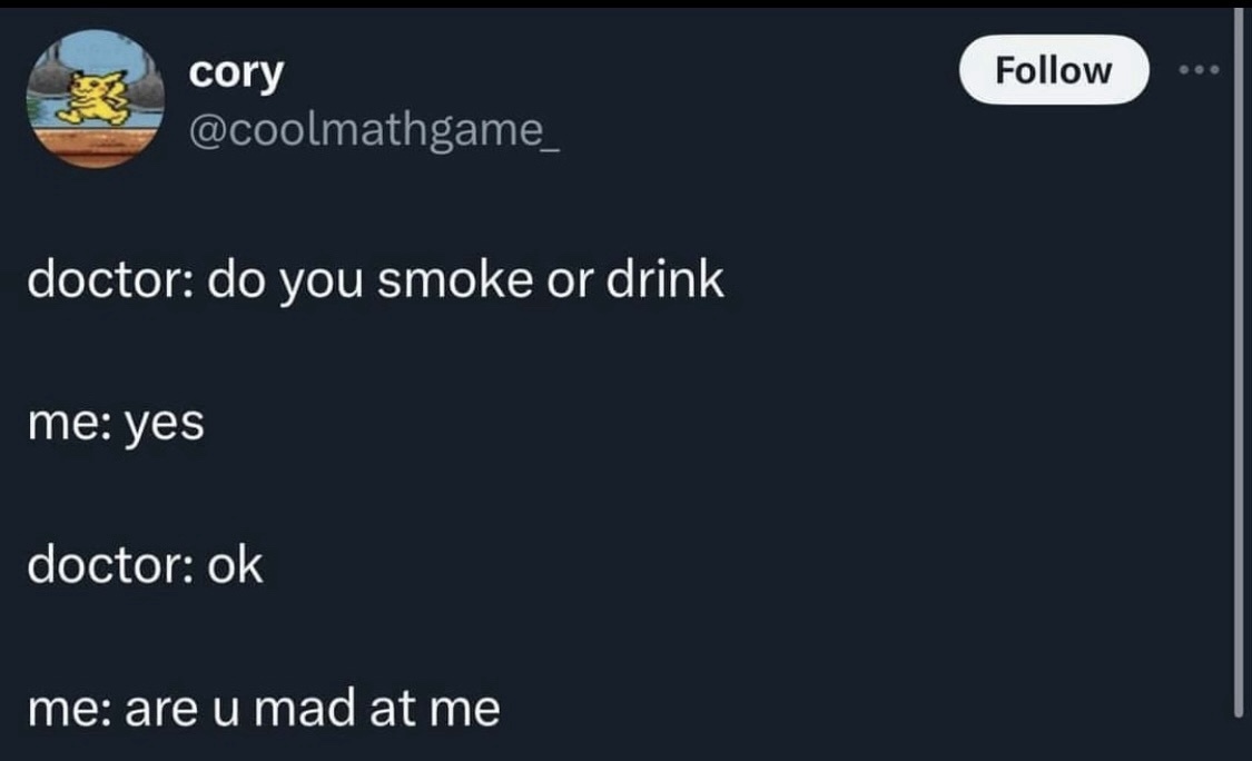 A screenshot of a Twitter/X thread by user 'cory' (@coolmathgame_) showing a four-line conversation. The doctor asks if the…