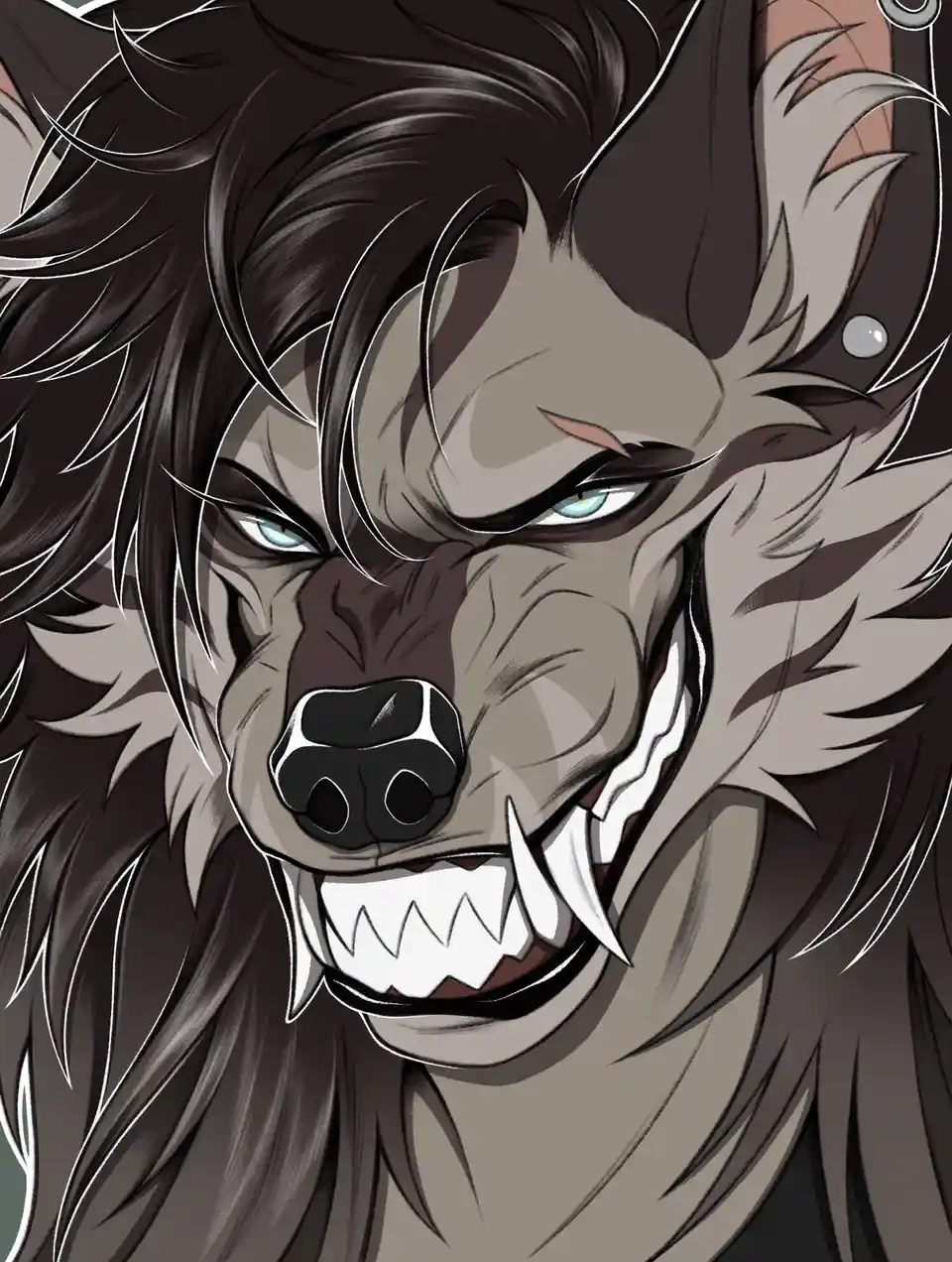 A close-up anime-style illustration of a snarling, anthropomorphic boar with dark fur, sharp fangs, and piercing blue eyes…