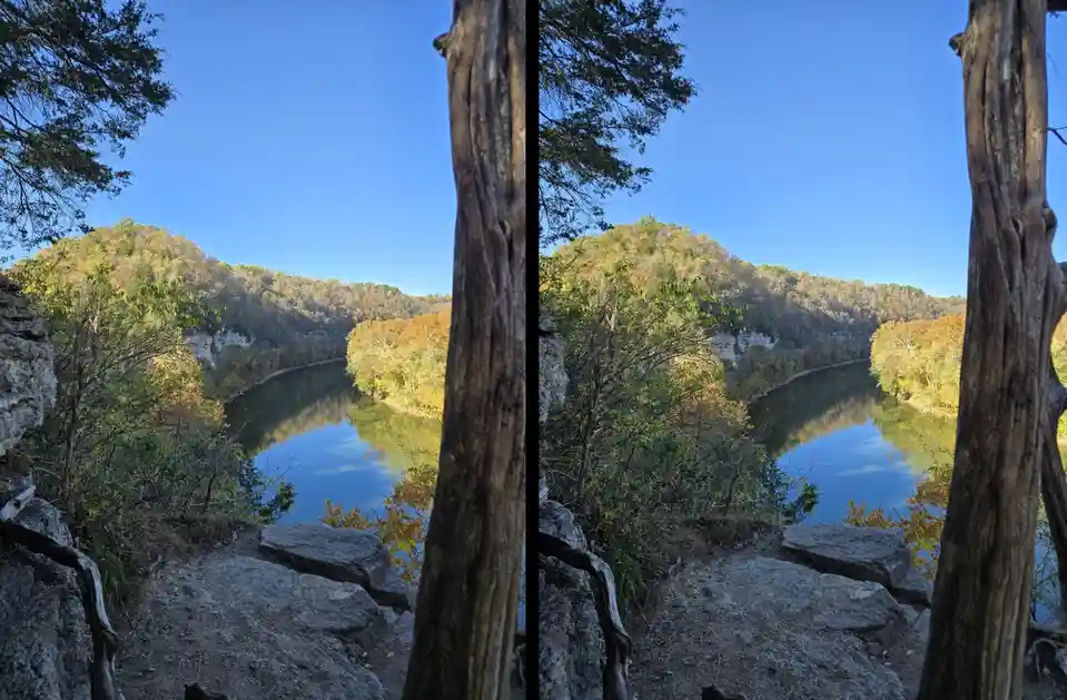The image is a side-by-side comparison of two nearly identical photos of a scenic river valley with autumn foliage, taken…