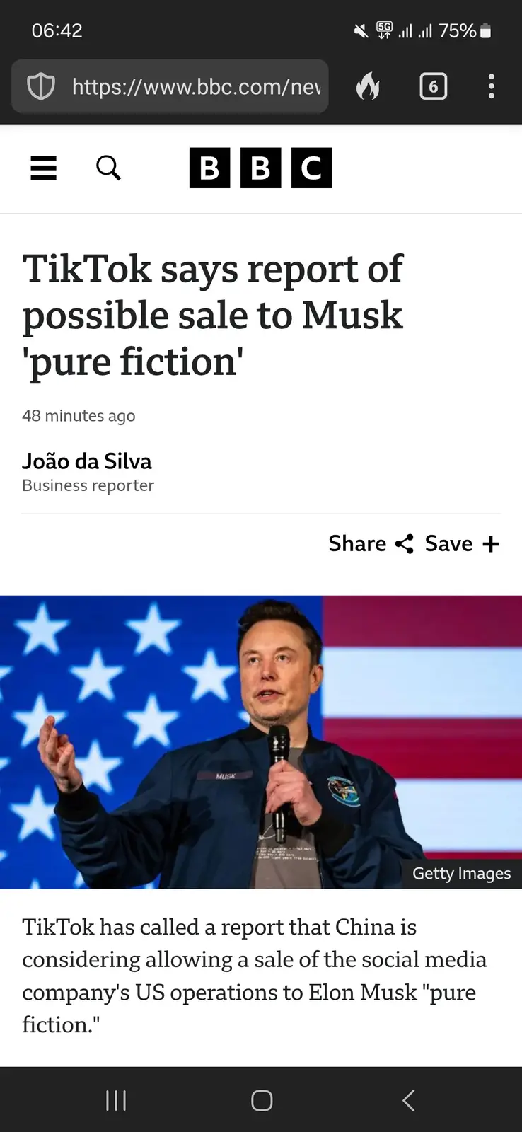 A screenshot of a BBC news article headline stating 'TikTok says report of possible sale to Musk 'pure fiction'', with a…