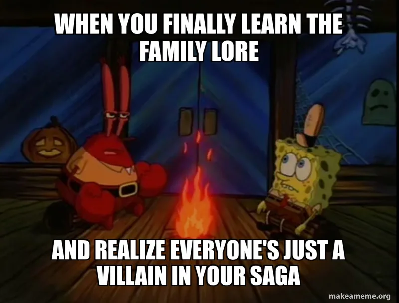 In a dimly lit room with a campfire, SpongeBob SquarePants looks shocked and scared while sitting opposite Mr. Krabs, who…