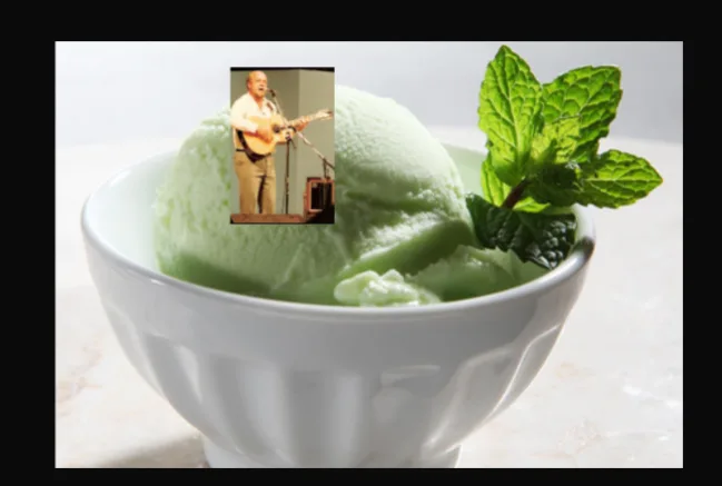 A white bowl holds a scoop of green mint ice cream garnished with fresh mint leaves. Superimposed on the ice cream is a…
