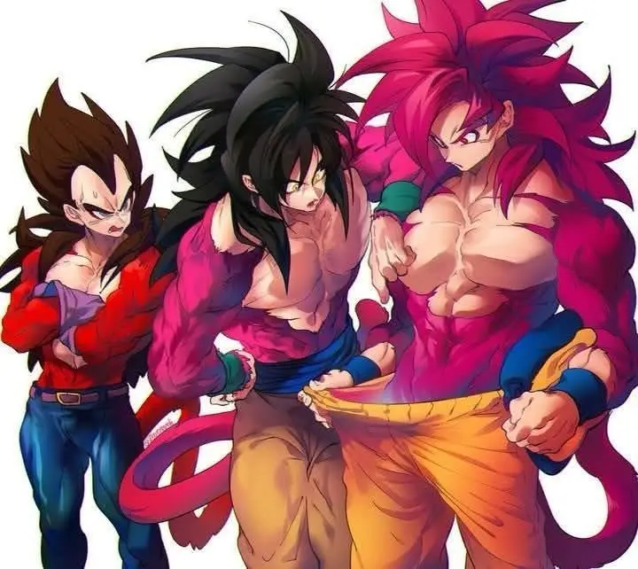 Three muscular anime characters from Dragon Ball Z stand together, looking angry and determined. The character on the left…