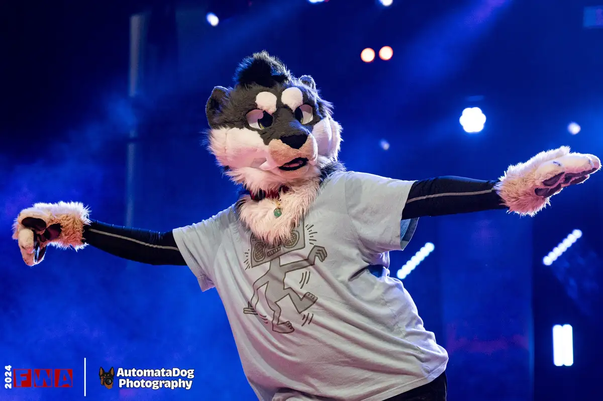 A person in a black-and-white wolf fursuit with a light gray t-shirt featuring a graphic, strikes a wide-armed pose on a…