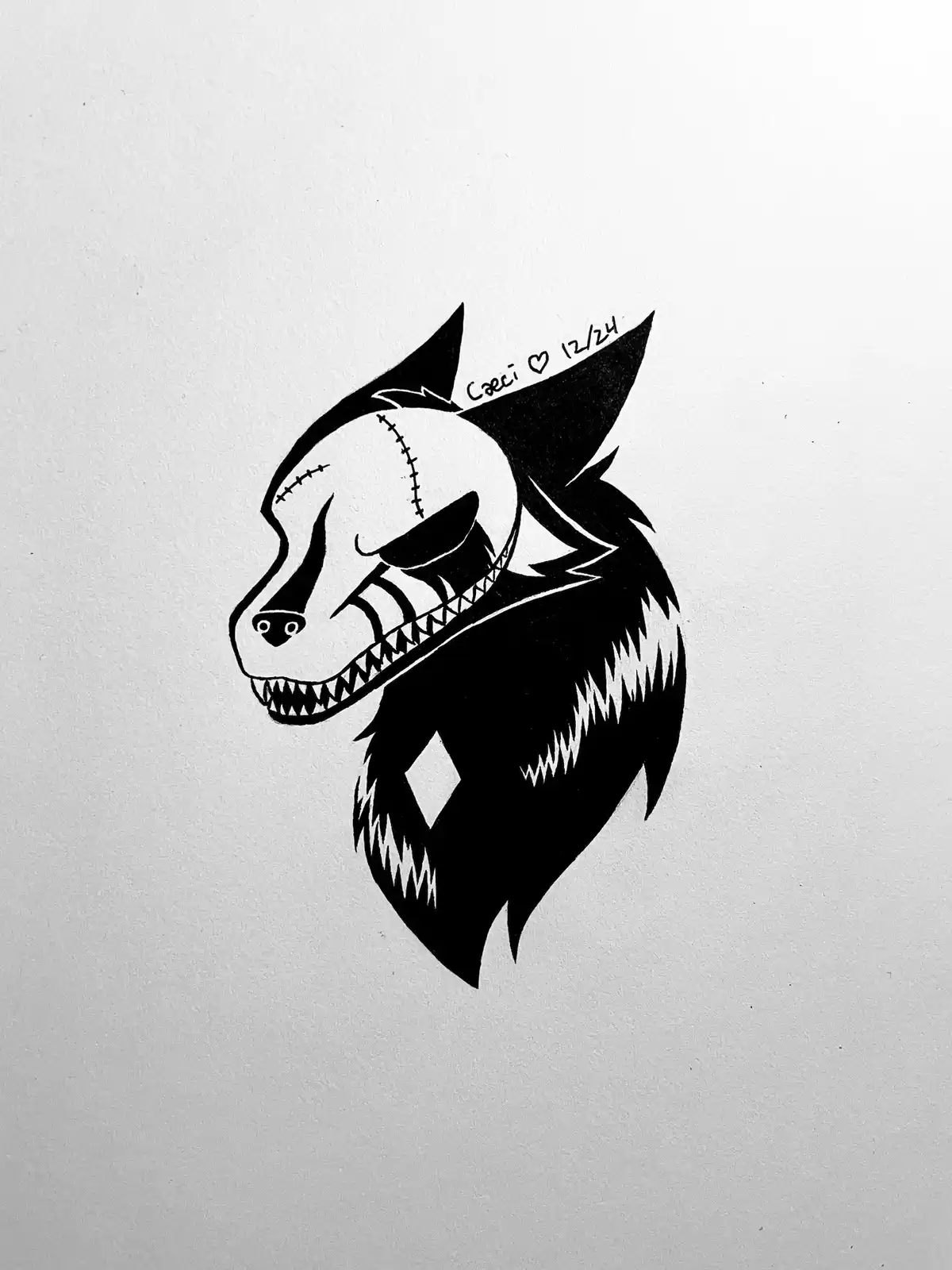 A black and white drawing of a stylized wolf head with a stitched, skull-like face, sharp teeth, and a diamond-shaped…