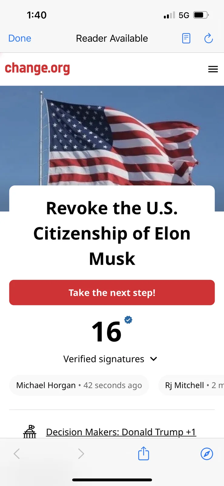 A screenshot of a change.org petition page showing a waving American flag in the background. The petition's title reads…