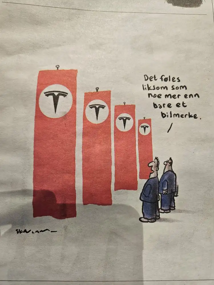 A cartoon shows two men standing before four progressively smaller red banners, each displaying the Tesla logo. The text…