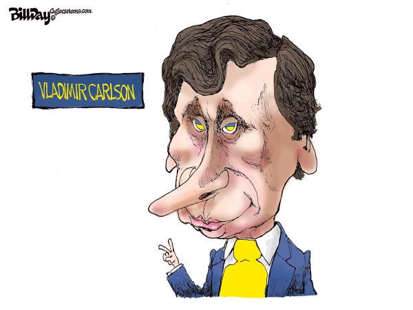A cartoon caricature of a man with an exaggeratedly long nose, yellow eyes, and a smug expression, wearing a blue suit and…