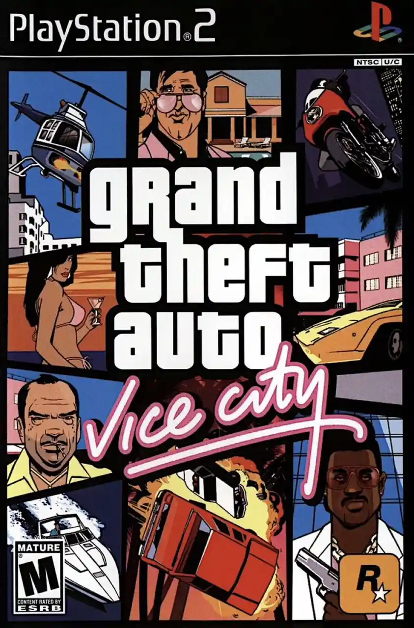 The image is the cover art for the PlayStation 2 game Grand Theft Auto: Vice City, featuring a collage of cartoon-style…