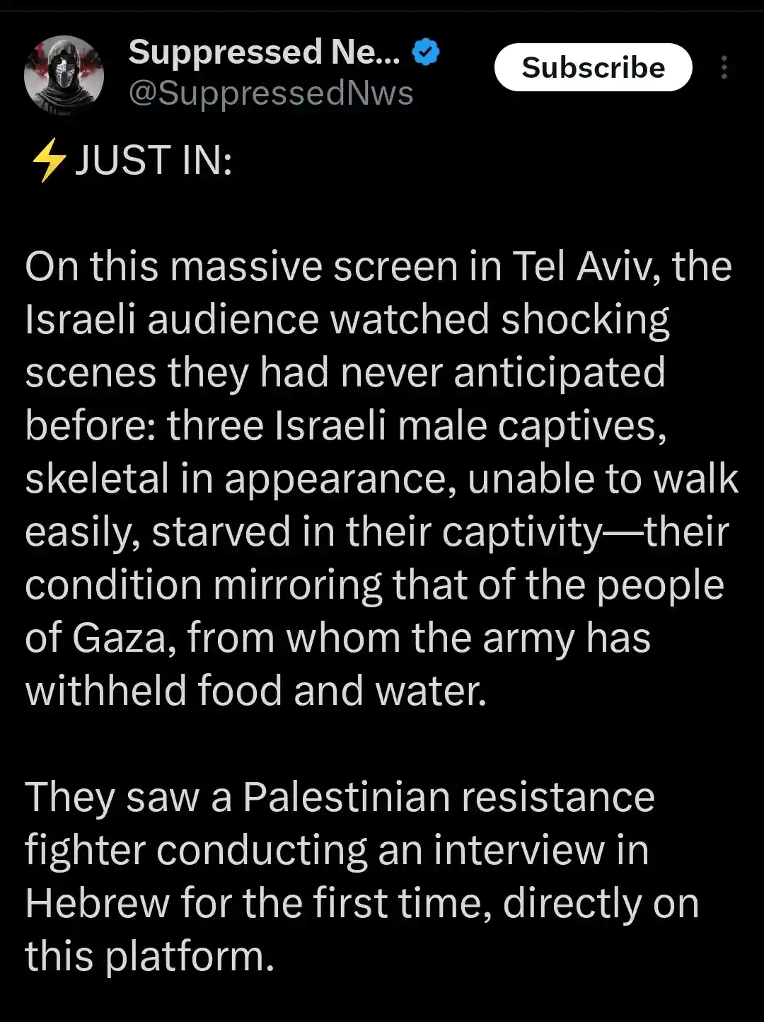 A screenshot of a social media post from 'Suppressed News' with a black background and white text. The post is styled as a…