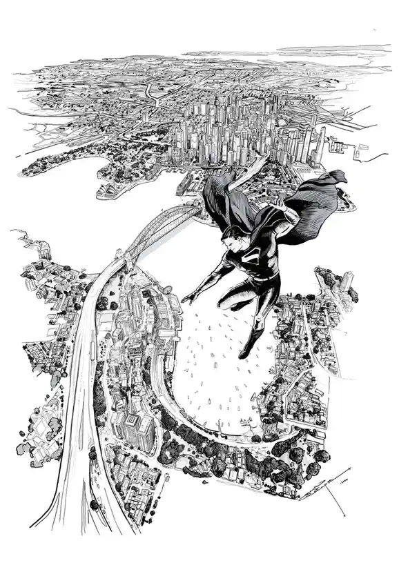 A black-and-white illustration shows Superman flying over a detailed cityscape that is clearly Sydney, Australia…