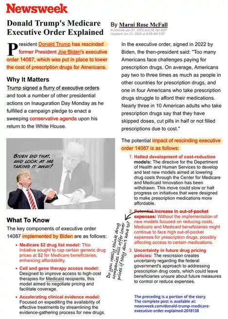 A Newsweek article about Donald Trump rescinding Joe Biden's Medicare executive order is overlaid with a meme image of Trump…