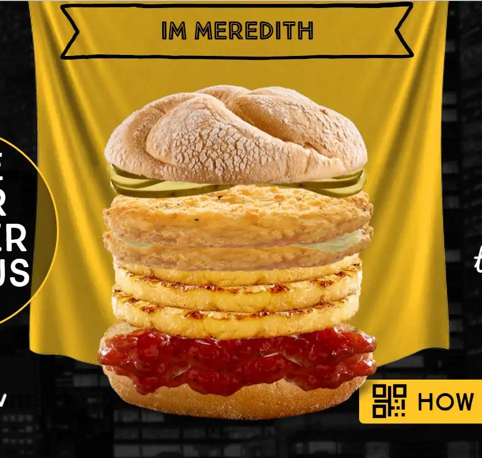 A digitally altered image shows a burger with a braided bun, pickles, multiple layers of grilled pineapple, and a thick…