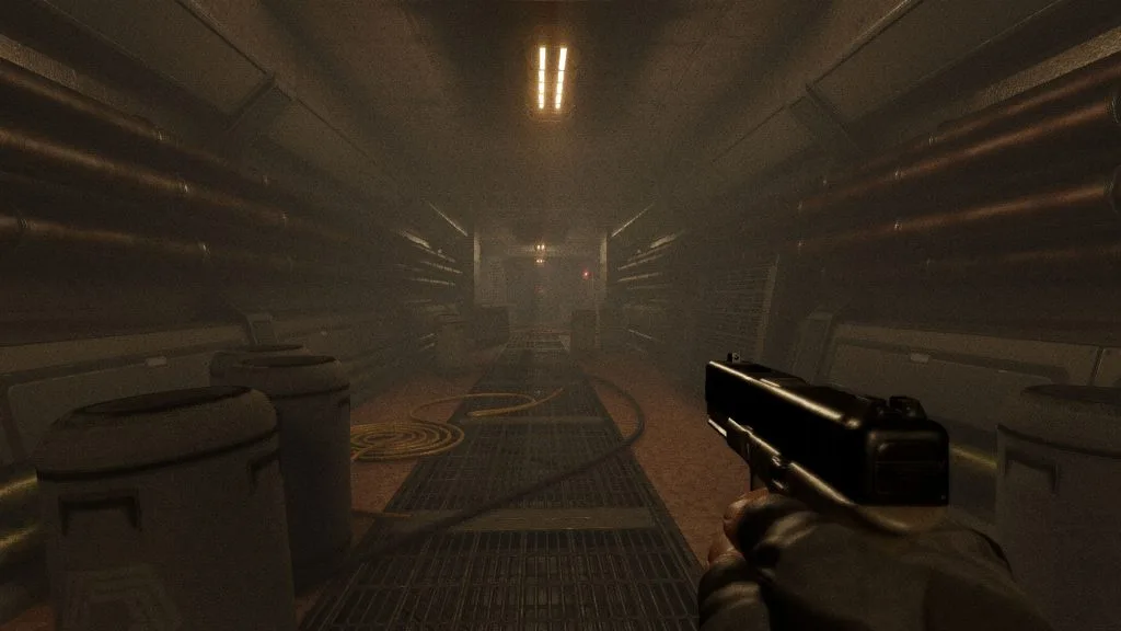 A first-person view from a video game showing a gloomy, industrial hallway with pipes, trash cans, and a gun held in the…