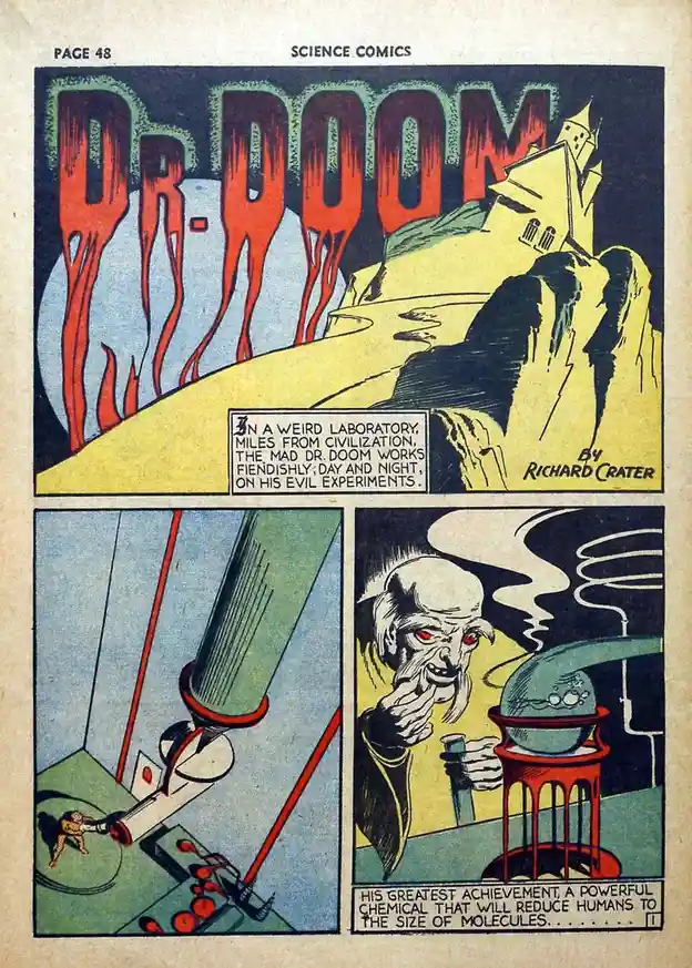 This vintage comic book page from 'Science Comics' features Dr. Doom in his lair, with a large title and two panels showing…