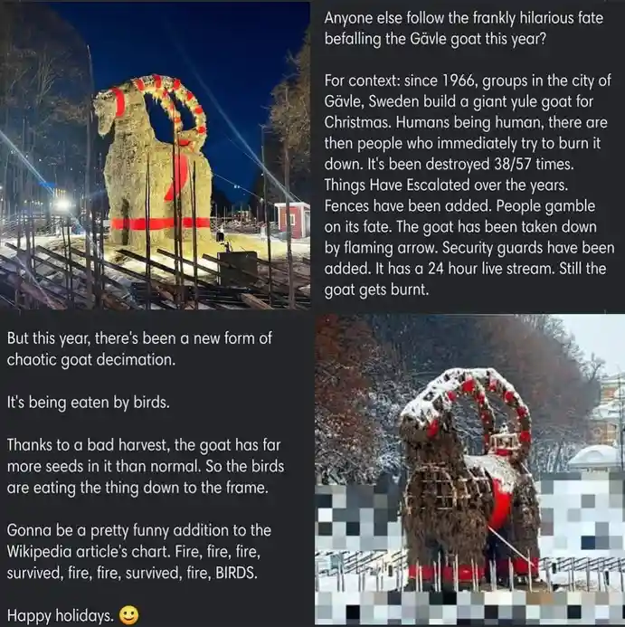 The image shows two photos of the Gävle goat, a giant straw Christmas decoration in Sweden. The top photo shows the intact…