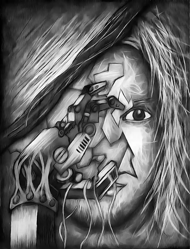 A black-and-white digital painting shows a person with long hair, one eye visible, and their face partially obscured by a…