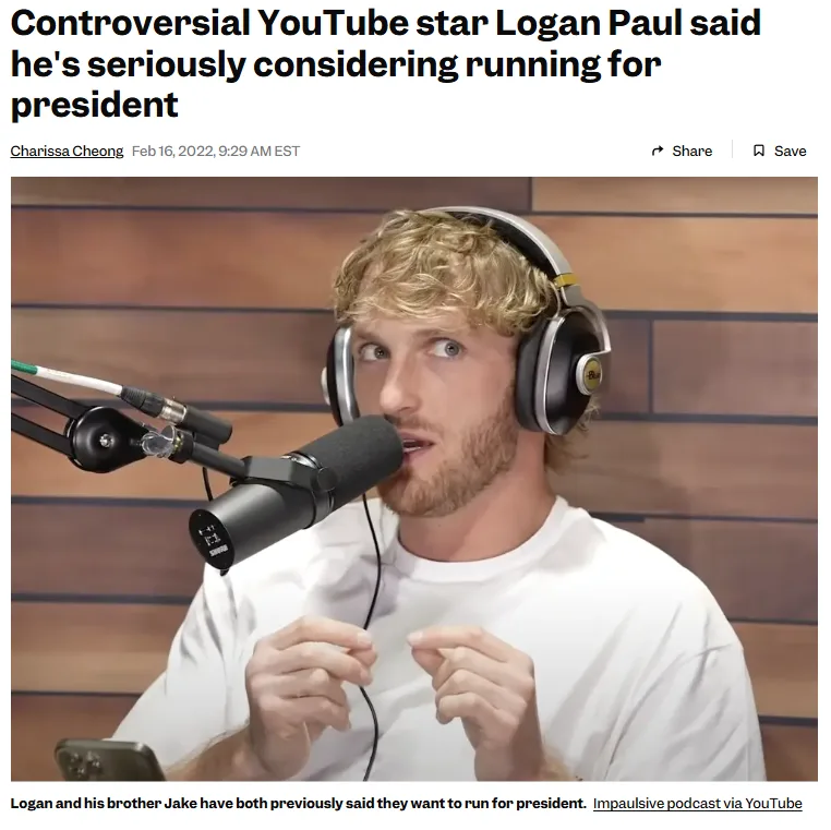 A screenshot of a news article shows Logan Paul, a controversial YouTube star, speaking into a microphone while wearing…