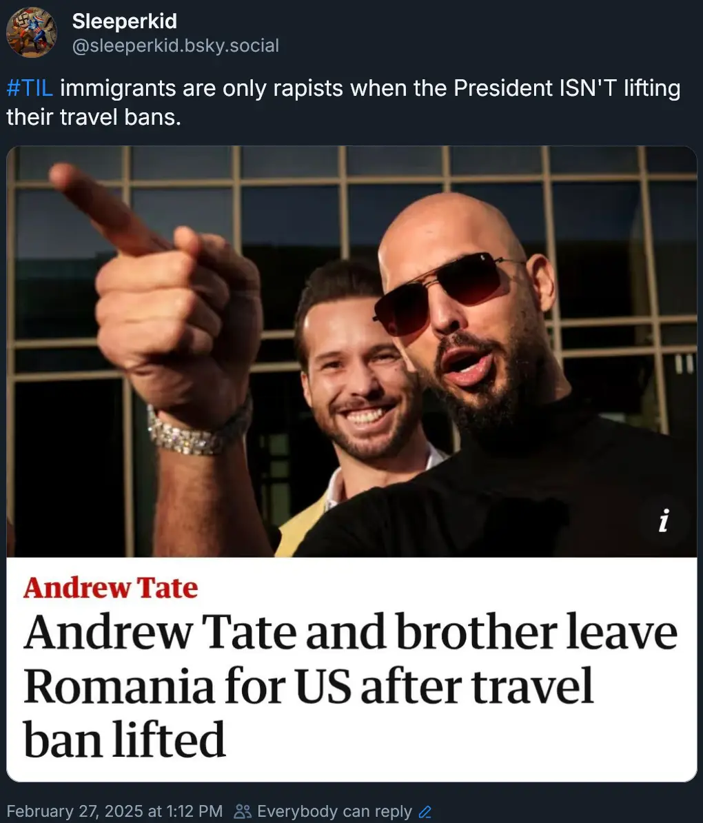 An image shows Andrew Tate pointing forward while smiling, with his brother behind him. Below is a news headline reading…