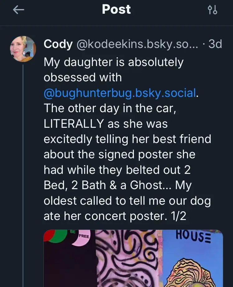A screenshot of a social media post by Cody, showing a dark-themed interface with white text. The post describes a…