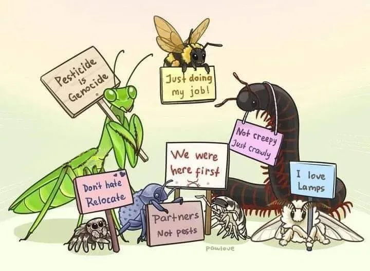 A cartoon illustration of various insects and arthropods holding protest signs against pesticides. A praying mantis holds a…