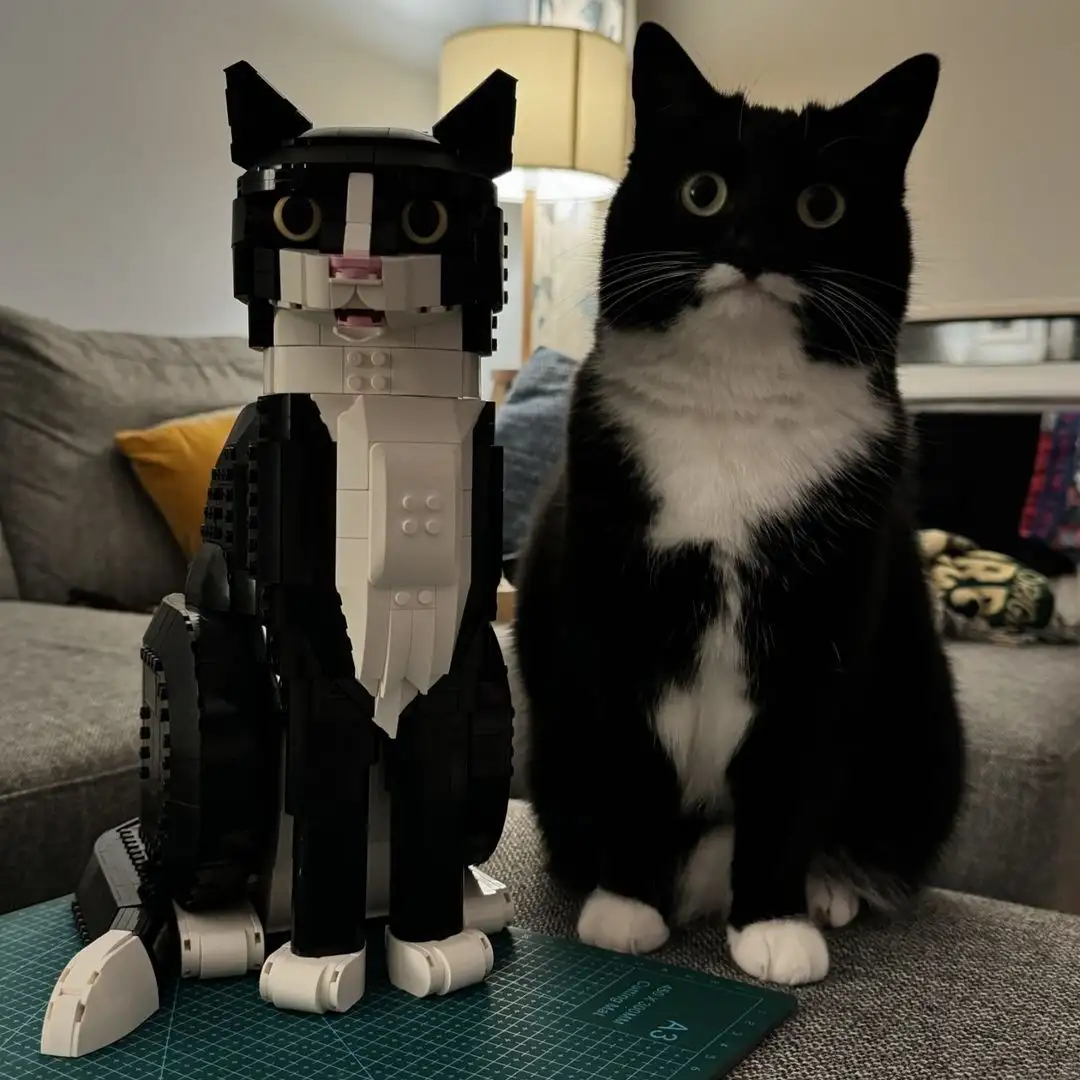 A black and white cat sits beside a life-sized Lego cat replica on a green cutting mat, both facing forward with identical…