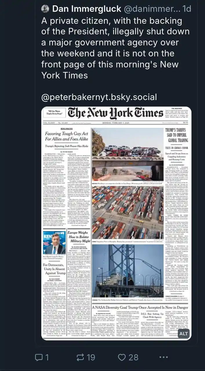 The image displays a screenshot of a social media post overlaid on a digital rendering of the New York Times front page from…
