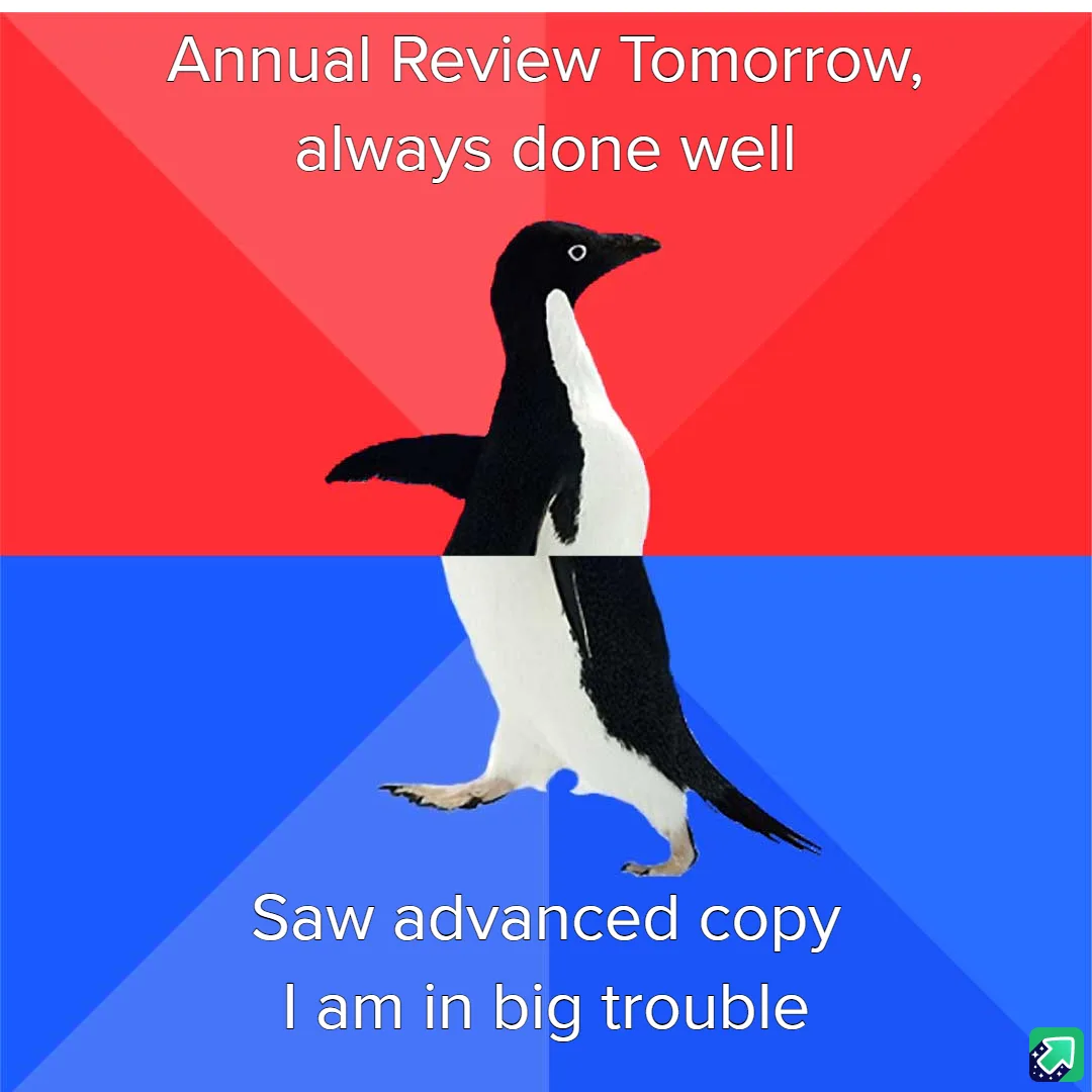 A penguin stands centered against a red and blue background, split horizontally. The top half has white text reading 'Annual…