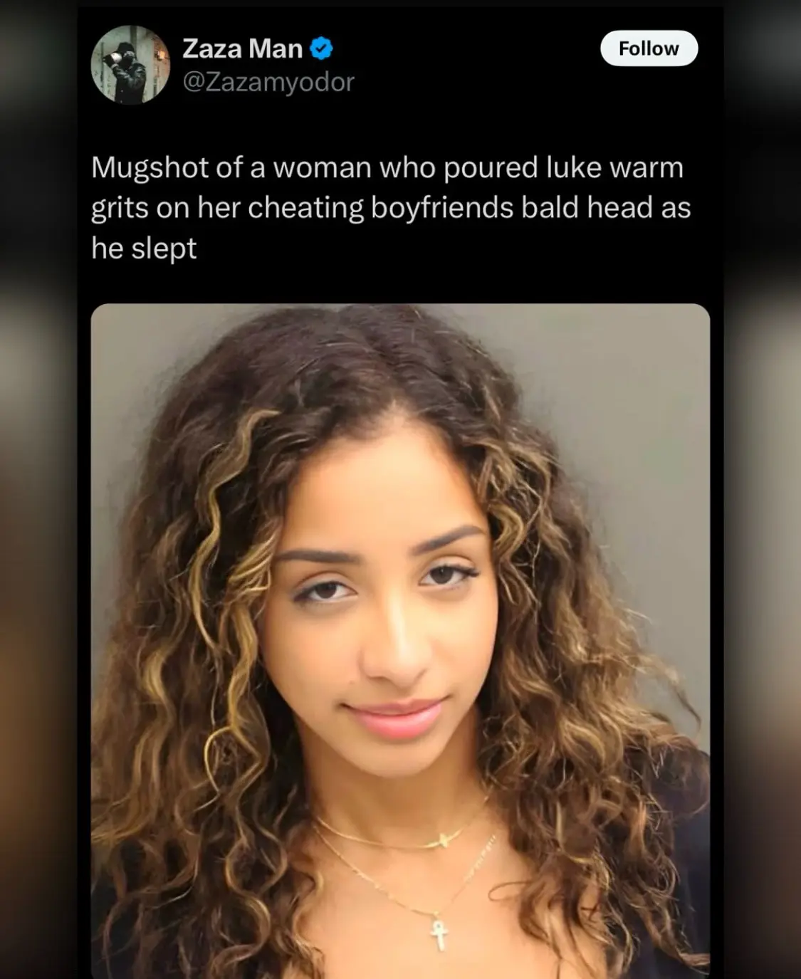 A mugshot-style photo of a young woman with long, curly brown hair and a neutral expression, wearing a gold necklace with a…