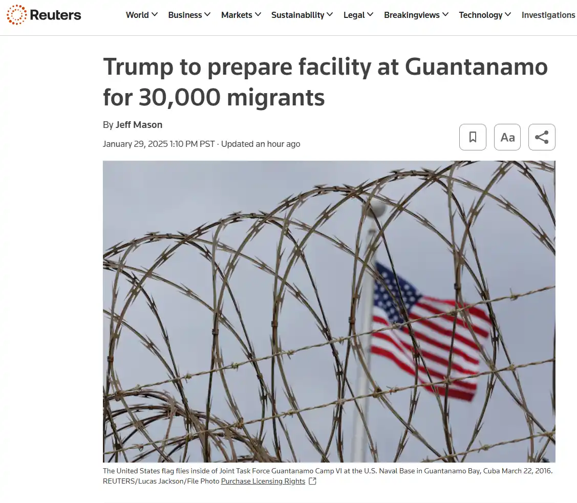 A Reuters news article screenshot shows a headline about Trump preparing a Guantanamo facility for 30,000 migrants, with a…