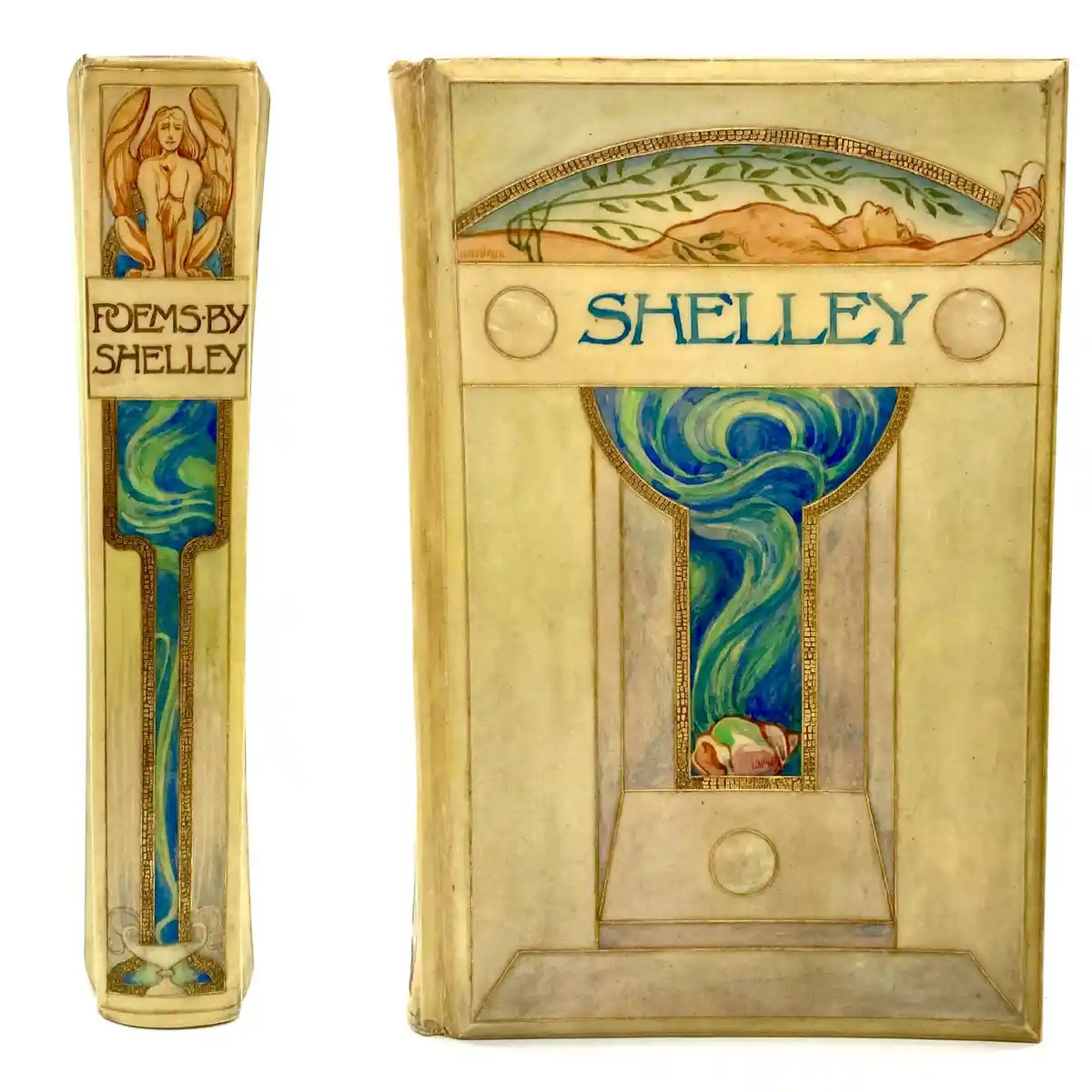 An ornate, vintage book cover and spine for 'Poems by Shelley' featuring Art Nouveau style illustrations. The front cover…