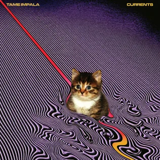 An album cover for Tame Impala's 'Currents' featuring a small tabby kitten sitting in the center of a psychedelic, wavy…