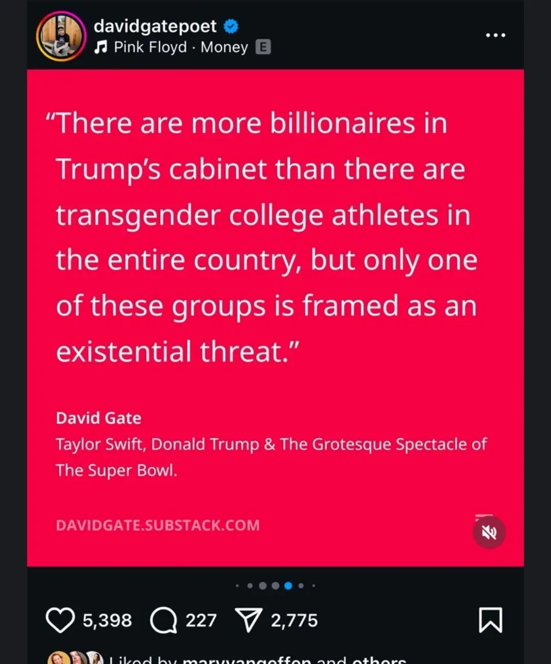 A screenshot of an Instagram post by 'davidgatepoet' featuring a bright red background with white text quoting David Gate…