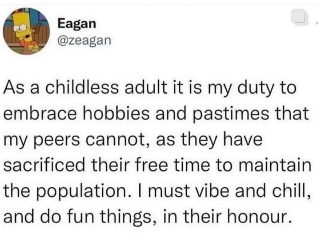 A screenshot of a tweet from user 'Eagan' (@zeagan) with a Bart Simpson profile picture. The tweet reads: 'As a childless…