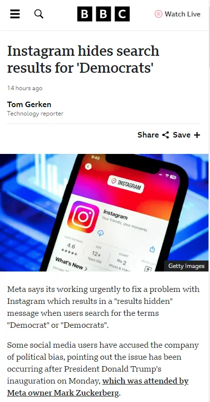 A BBC news article screenshot shows a headline about Instagram hiding search results for 'Democrats'. The image features a…
