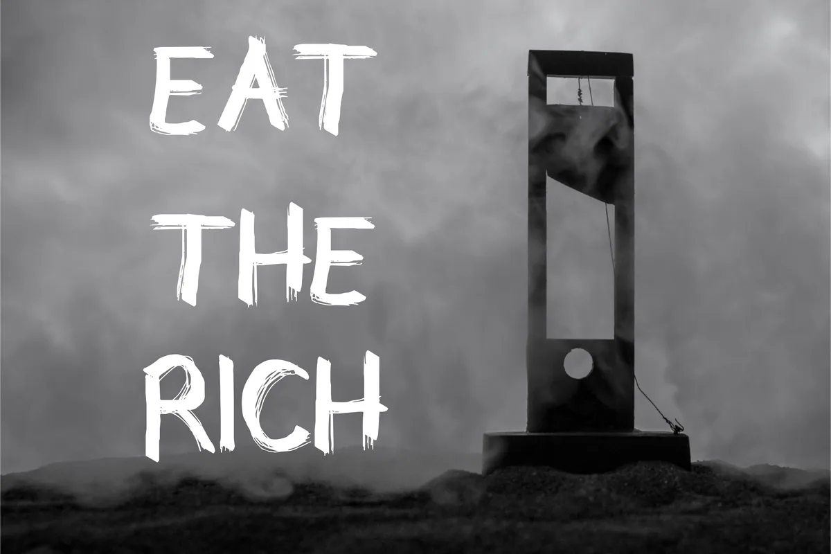 A black-and-white image shows a guillotine standing on a hill under a cloudy sky. Large, white, brush-stroke style text…