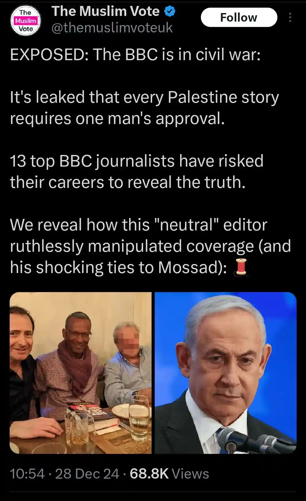 A screenshot of a Twitter post from 'The Muslim Vote' features two images: one of three men at a table, one of whom has a…
