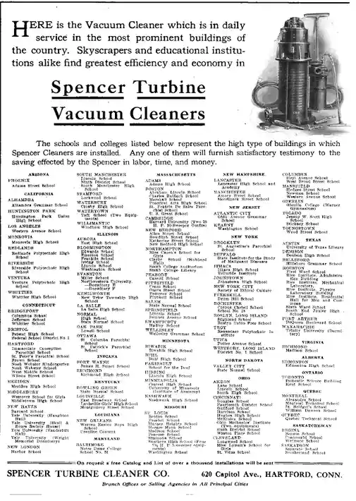 A vintage 1920s-30s advertisement for Spencer Turbine Vacuum Cleaners, featuring a dense, multi-column list of schools and…