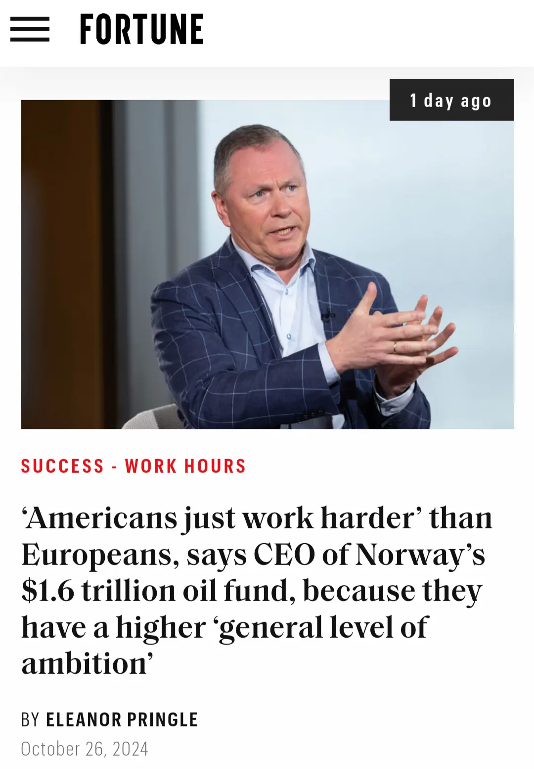 A screenshot of a Fortune article from October 26, 2024, featuring a man in a blue checkered suit gesturing while speaking…
