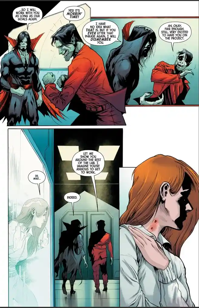 A comic panel shows two villains, one in red and one in black, celebrating with a fist bump after agreeing to work together…