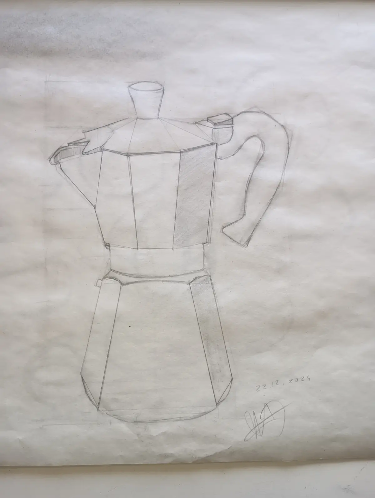 A pencil sketch on paper shows a geometrically rendered moka pot with a handle, spout, and lid, drawn with construction…