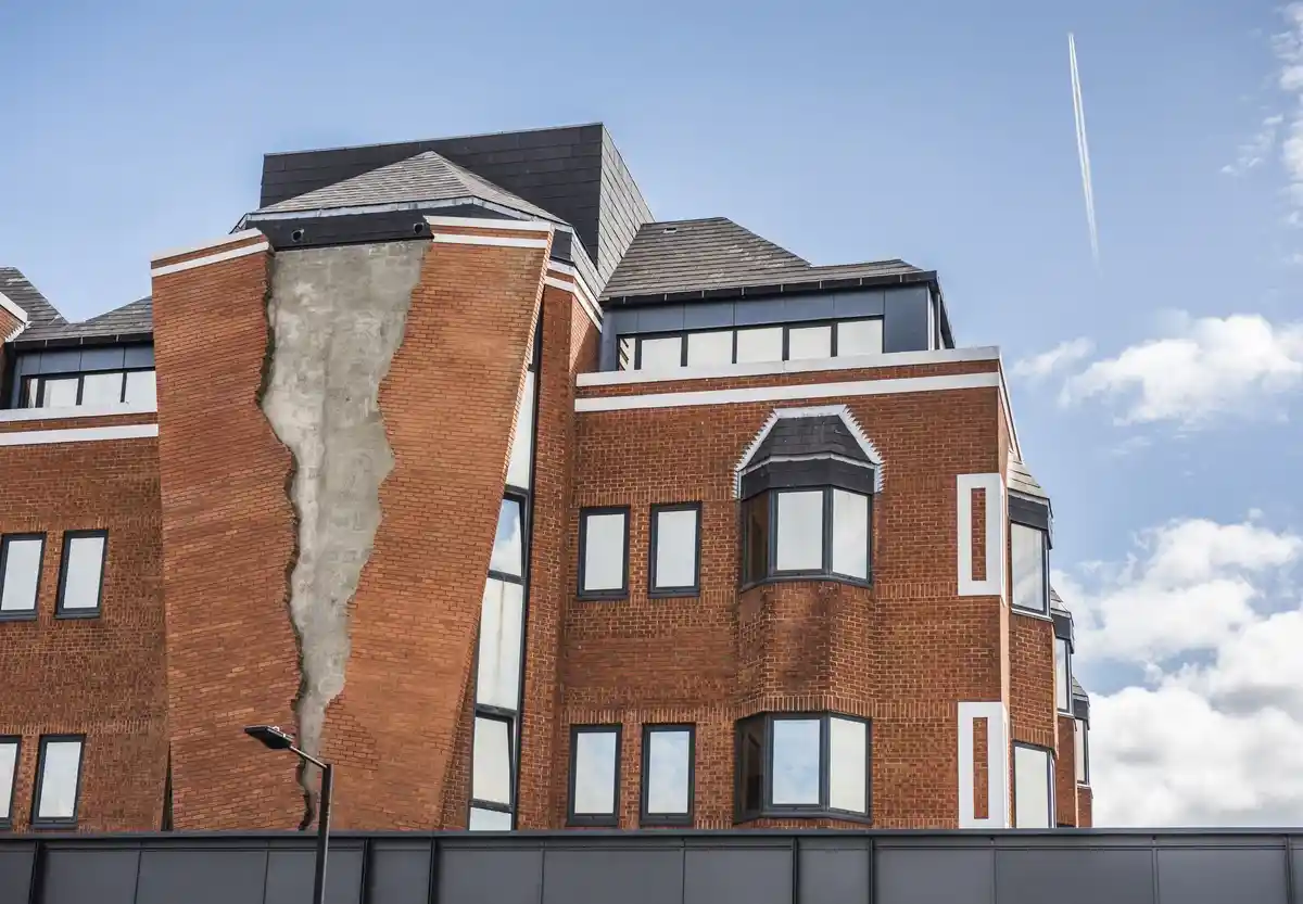 A red brick building with a large, jagged vertical crack running down its side, revealing grey concrete underneath. The…